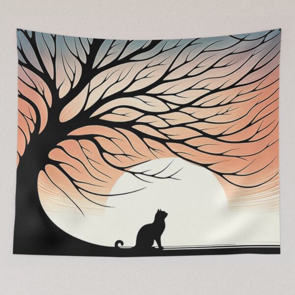 Item preview, Gnarly Tree, Black Cat silhouette in Front of the Morning Sun designed and sold by Carthage-Kitten.