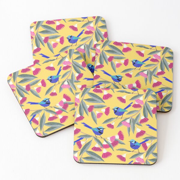 Item preview, Splendid Fairy Wrens and Pink Eucalyptus - custard yellow - joyful floral pattern by Cecca Designs designed and sold by Cecca-Designs.