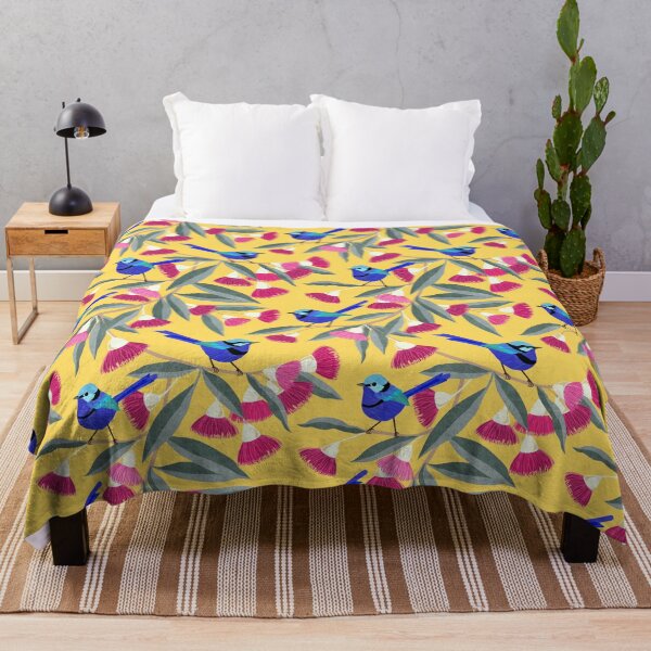 Item preview, Splendid Fairy Wrens and Pink Eucalyptus - custard yellow - joyful floral pattern by Cecca Designs designed and sold by Cecca-Designs.