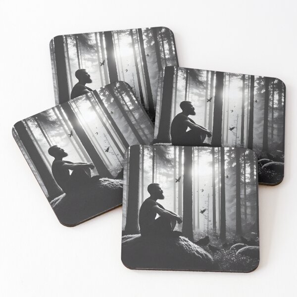 Item preview, Black and white picture of man meditating in the forest designed and sold by neonbubblez3.