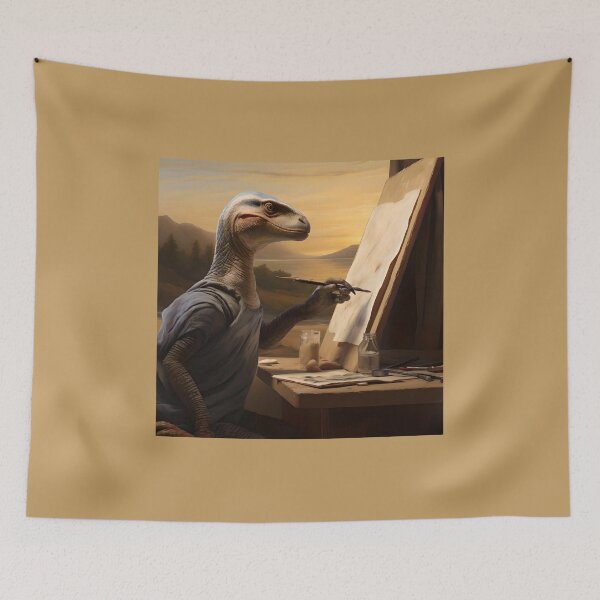 Item preview, Velociraptor painter artist drawing a picture of Mona Lisa designed and sold by reMarkable888.