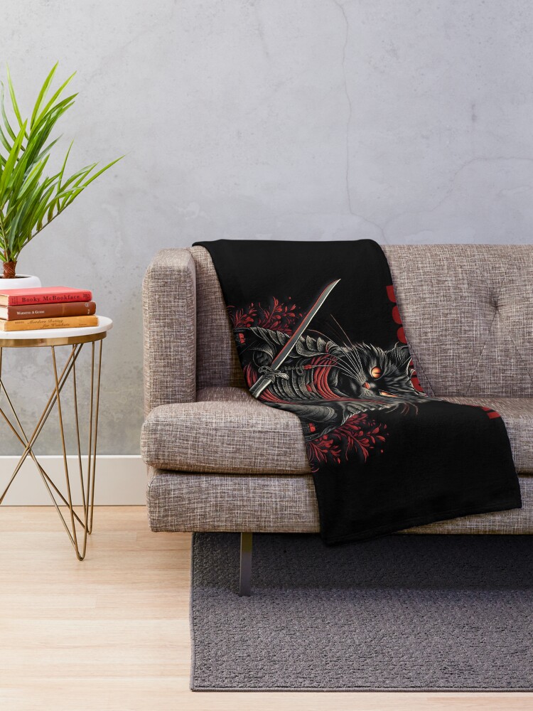 Thumbnail 2 of 6, Throw Blanket, Bushido Kat - The Samurai Feline Warrior Design designed and sold by bsilvia.