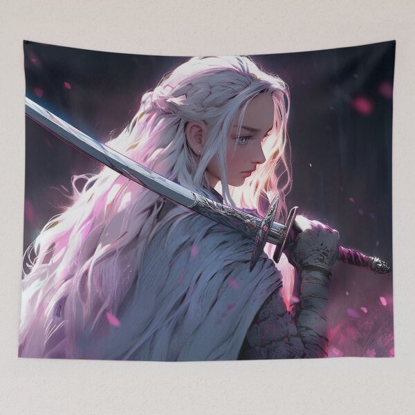 Item preview, White Haired Silver Sword Warrior Anime Girl designed and sold by bubblegoth.