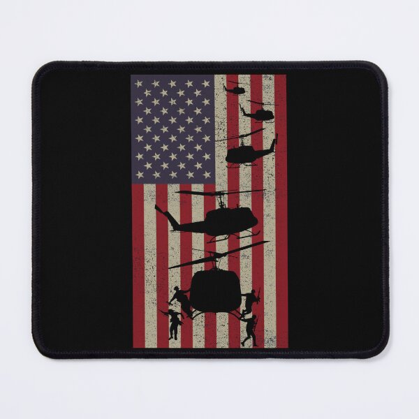 Item preview, UH1 Huey Helicopters Landing Zone Action Scene Patriotic American Flag designed and sold by MilitaryMart.