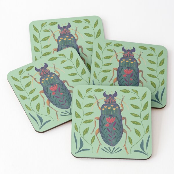 Item preview, Whimsical Beetle Bug Drawing with leaves and flower pattern designed and sold by Kathy Osborne Studio.