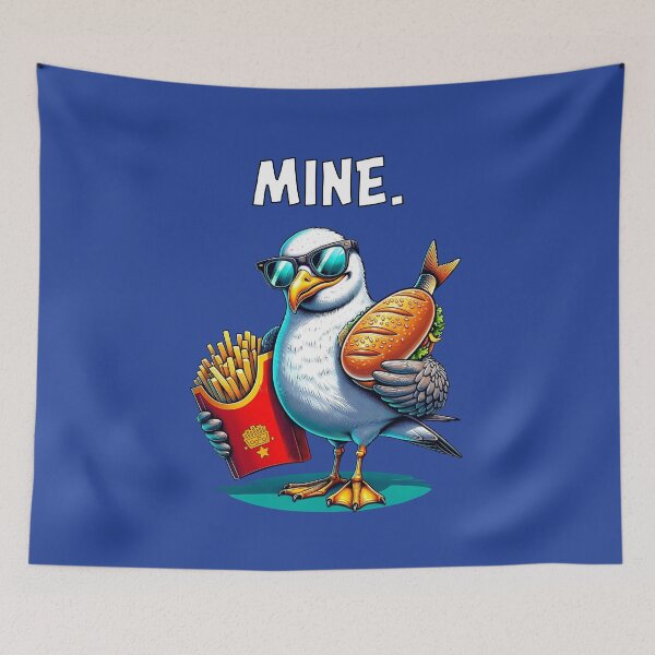 Item preview, 'Mine." Saying – Funny seagull with fries and fish sandwich designed and sold by Infinitee8hirts.