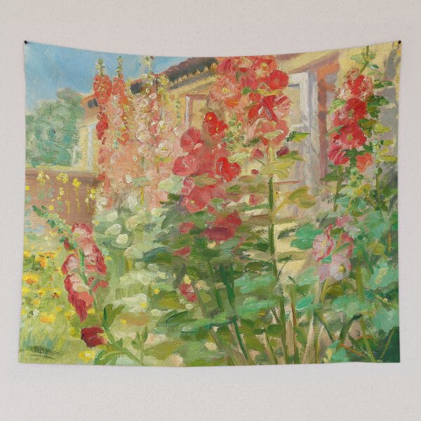 Item preview, Anna Ancher | Red hollyhocks in the garden at the Ancher family's house on Markvej in Skagen still life portrait garden floral painting designed and sold by Jéanpaul  Ferro.