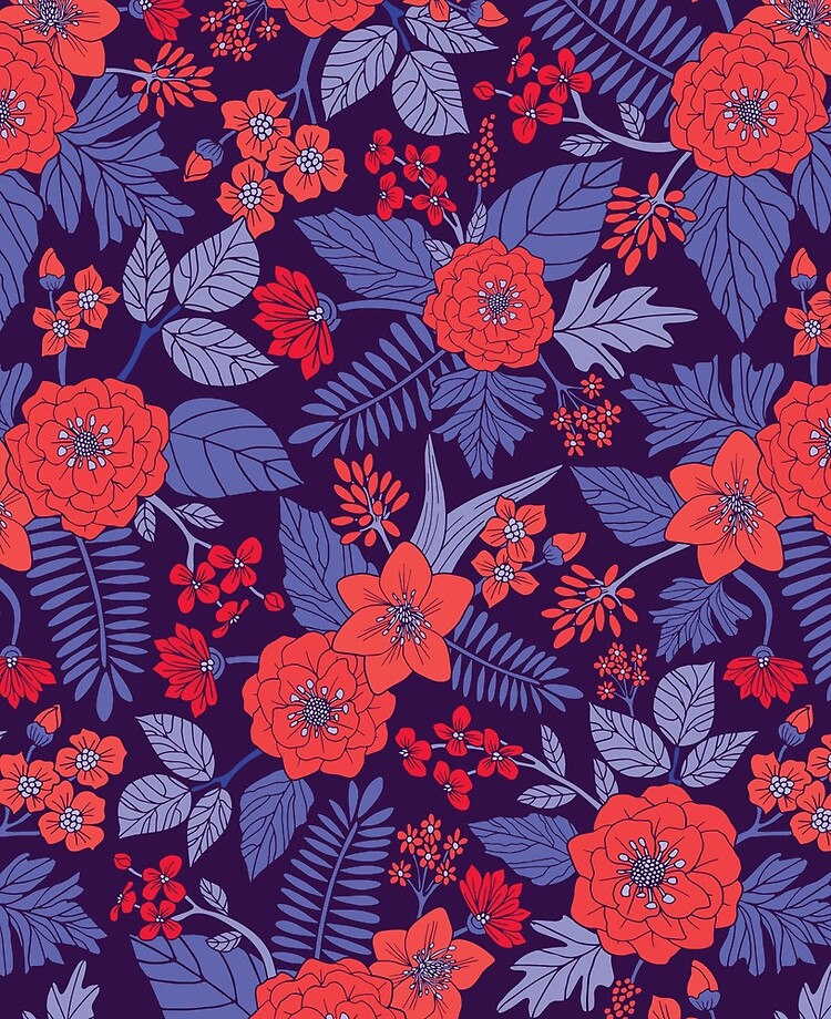 Floral Pattern in Coral Red, Navy Blue and Aqua Bath Mat by Lena
