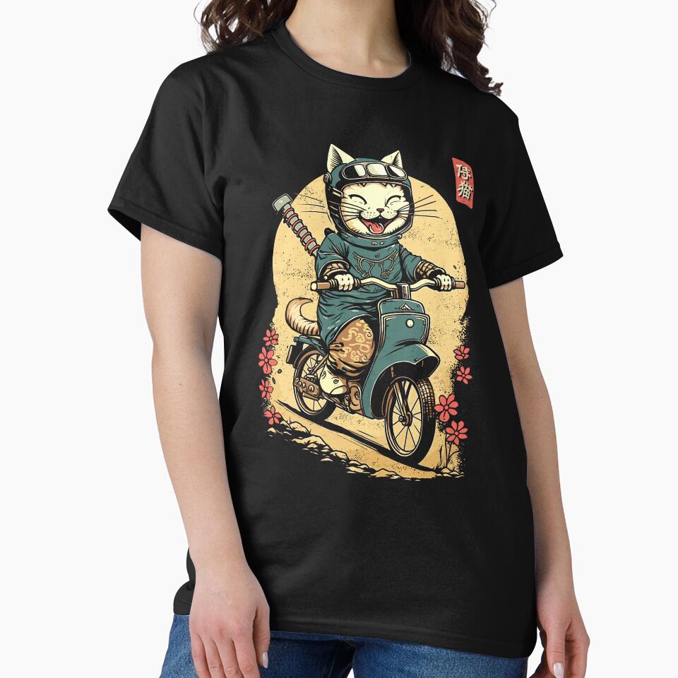 Japanese Samurai Cat On Motorcycle Kawaii Ninja Cat Classic T-Shirt Beatrix Design