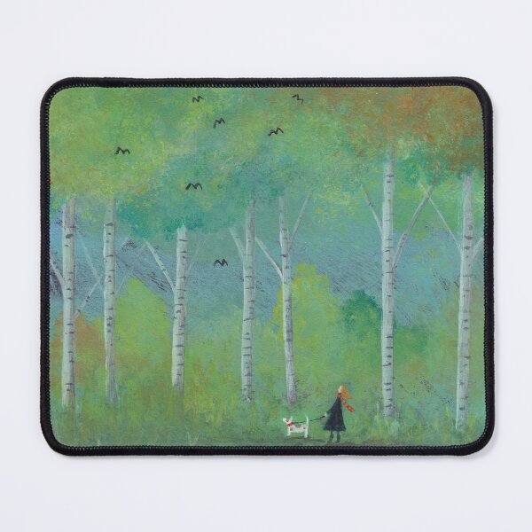 Item preview, Woman walking dog in the woods designed and sold by Beverley Young.