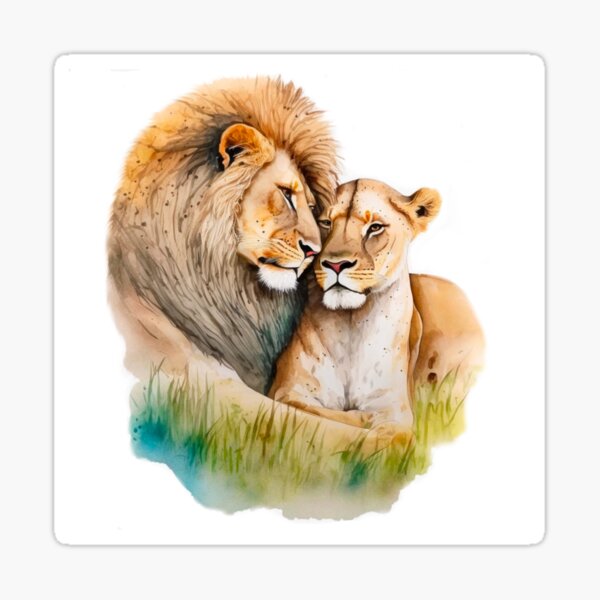Item preview, Lioness with Lion love portrait watercolor wall art valentine's day gift designed and sold by adlydesigns.