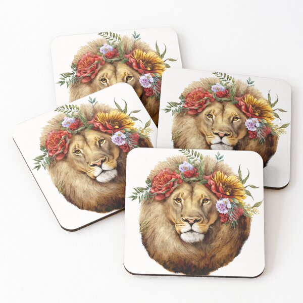 Item preview, Lion with Flowers in Mane watercolor portrait painting of the lion designed and sold by adlydesigns.