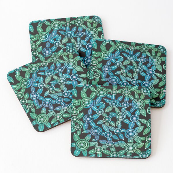 Item preview, NO AI !  Blue & Green Dot Art Flowers with Black Background designed and sold by ManonElmendorp.
