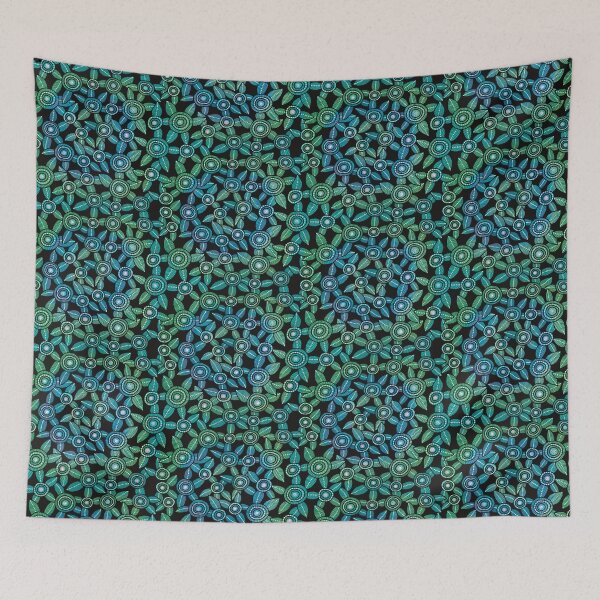 Item preview, NO AI !  Blue & Green Dot Art Flowers with Black Background designed and sold by ManonElmendorp.