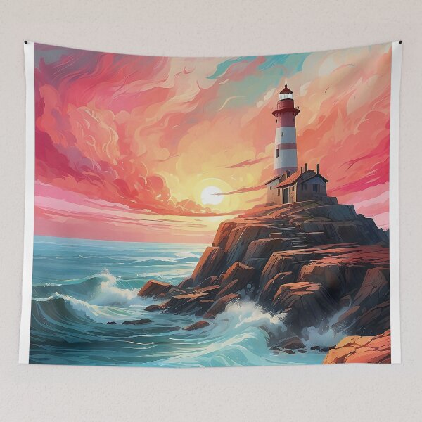 Item preview, Sunset Lighthouse Beacon: Guiding Light Amidst Swirling Seas designed and sold by ArtComixHaven.