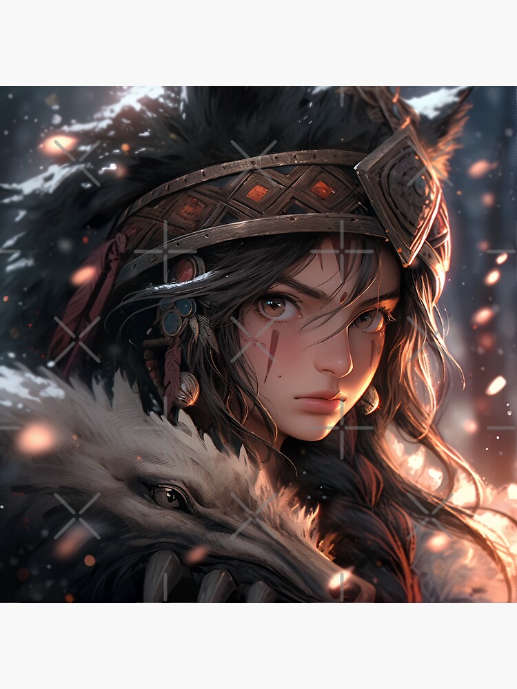 Tribal Huntress Anime Girl and Wolf Companion Sticker