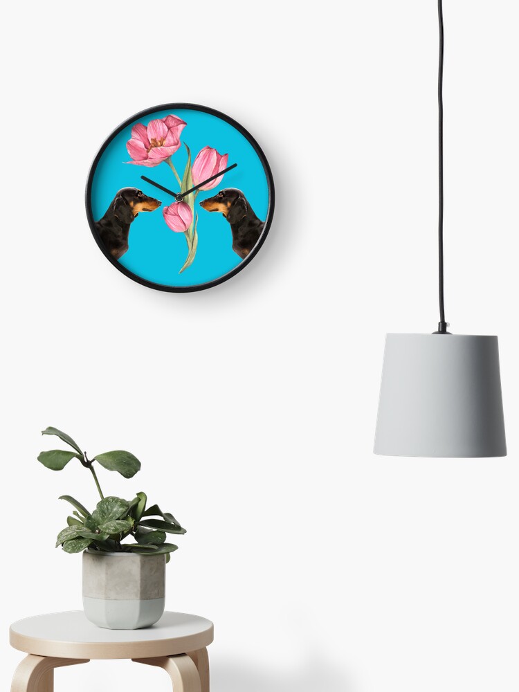 Thumbnail 2 of 4, Clock, Dachshunds with Pink Tulips designed and sold by Fionamyles.