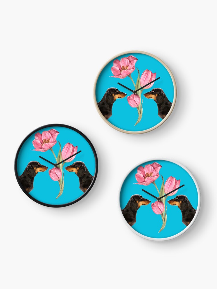 Thumbnail 3 of 4, Clock, Dachshunds with Pink Tulips designed and sold by Fionamyles.