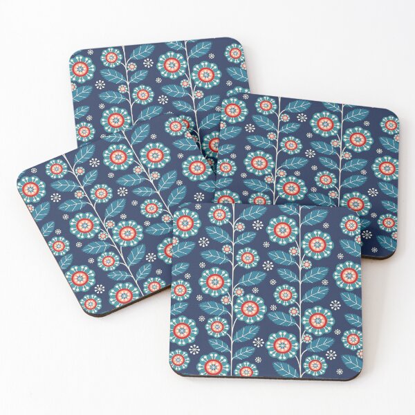 Item preview, Folk blue red and white climbing flowers  designed and sold by chiara-de-david.