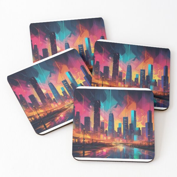 Item preview, Neon Dreams: Abstract Cityscape at Twilight's Embrace designed and sold by ArtComixHaven.