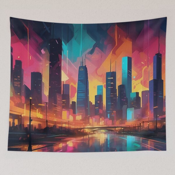 Item preview, Neon Dreams: Abstract Cityscape at Twilight's Embrace designed and sold by ArtComixHaven.