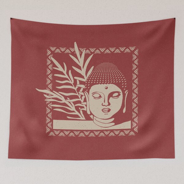 Aperçu de l'œuvre Buddha Head Statue with Palm Fronds - Ruby + Dove créée et vendue par Irene Estelle.