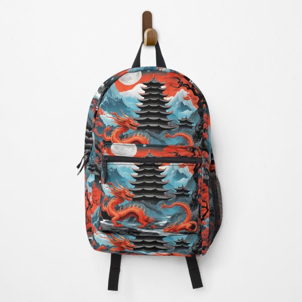 Item preview, Steep mountain landscape, red dragons, black pagoda, white, light blue, black, orange colors designed and sold by janjacbu.