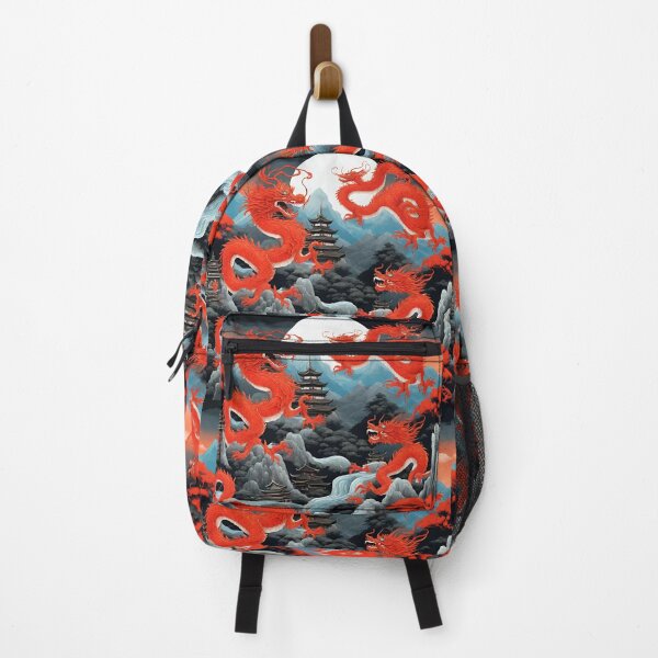 Item preview, Landscape of steep mountains, dragons, a black pagoda, white, light blue, black, orange colors designed and sold by janjacbu.