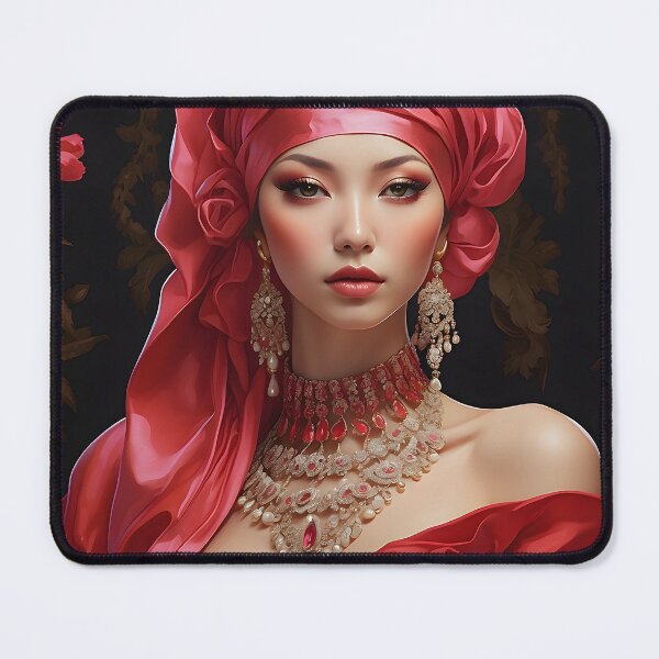 Item preview, Lady in Red: Elegance with hijab, Dress, and Rose Background designed and sold by TONSNAP.