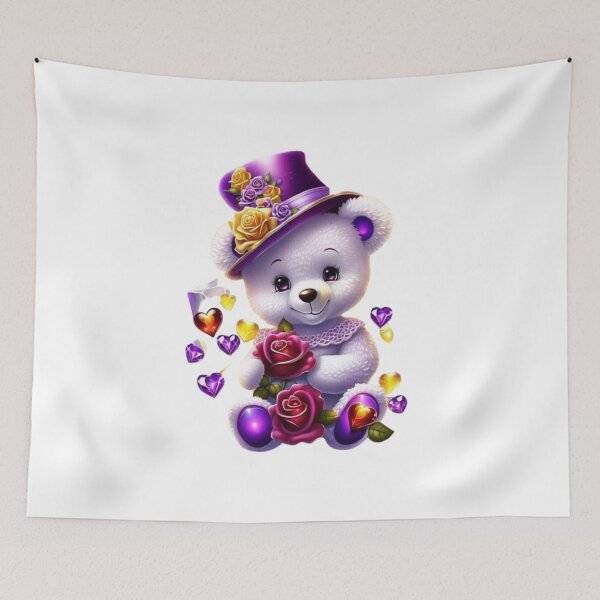 Item preview, Un hermoso osito de peluche blanco con un sombrero morado y flores en el sombrero. designed and sold by KrisGraphic45.