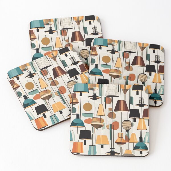 Item preview, Hand drawn Digital pattern of Mid century modern lighting and hanging lampshades in a vintage colourful classic style designed and sold by Haiii-Designs.