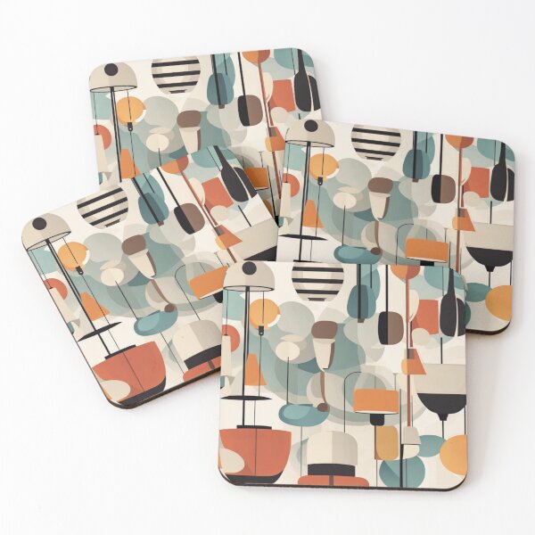 Item preview, Abstract retro pattern of Mid century modern lighting and hanging lampshades in a vintage colourful classic style designed and sold by Haiii-Designs.