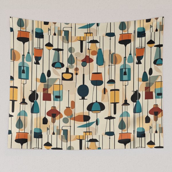 Item preview, A retro pattern of Mid century modern lighting and hanging lampshades in a vintage colourful classic style designed and sold by Haiii-Designs.