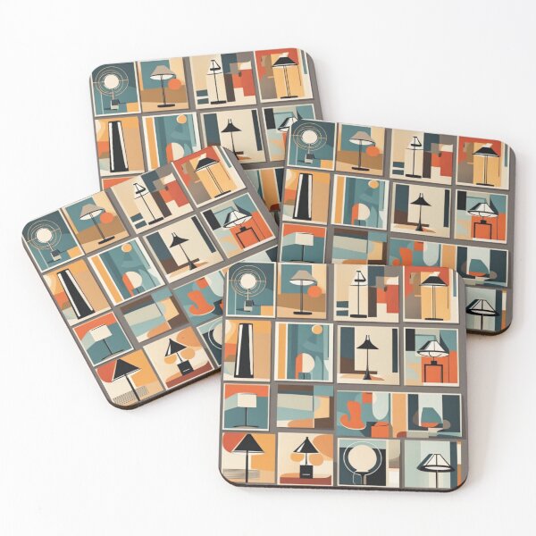 Item preview, A pattern of framed Mid century modern hanging lighting, table and floor lamps pattern in a vintage colourful classic style designed and sold by Haiii-Designs.