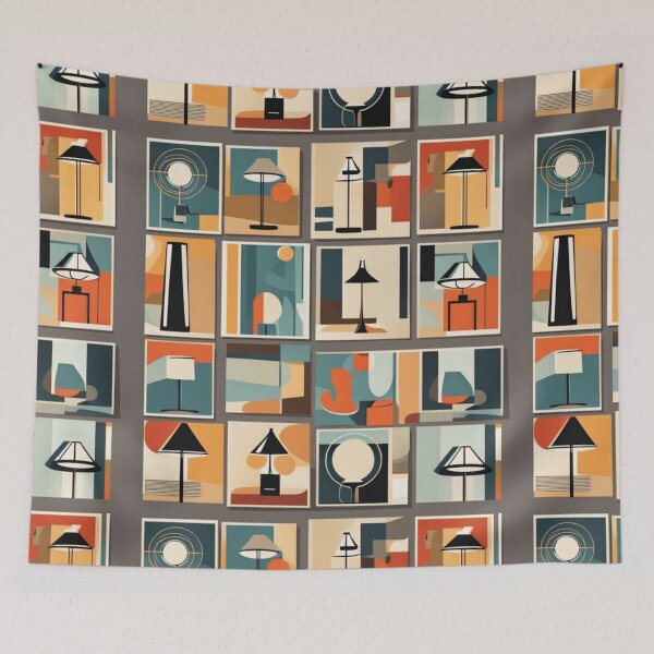 Item preview, A pattern of framed Mid century modern hanging lighting, table and floor lamps pattern in a vintage colourful classic style designed and sold by Haiii-Designs.