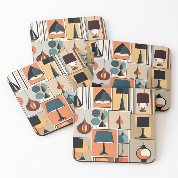 Item preview,  A pattern of collaged Mid century modern hanging lighting, table and floor lamps pattern in a vintage colourful classic style designed and sold by Haiii-Designs.
