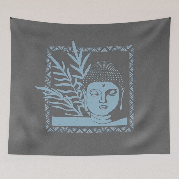 Aperçu de l'œuvre Buddha Head Statue with Palm Fronds - Slate + Sky créée et vendue par Irene Estelle.