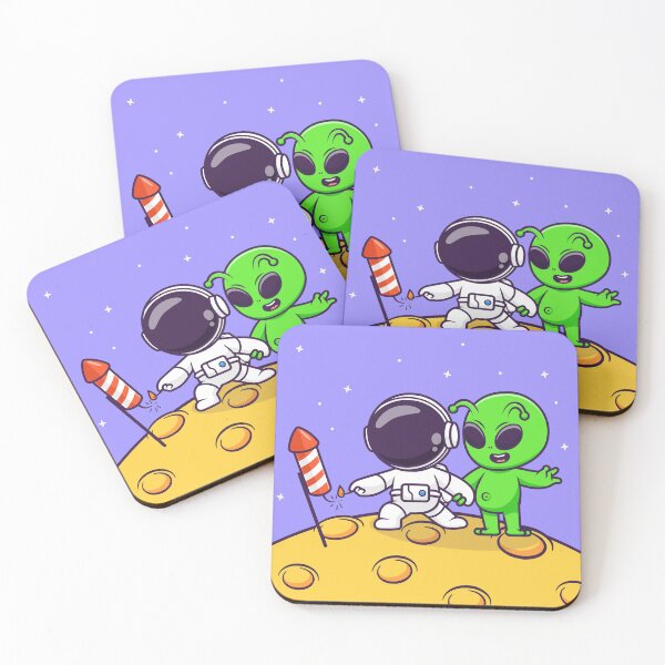 Item preview, "Interstellar Celebration: Cute Astronaut and Alien on Moon Cartoon Vector Icon" designed and sold by hjian8219.