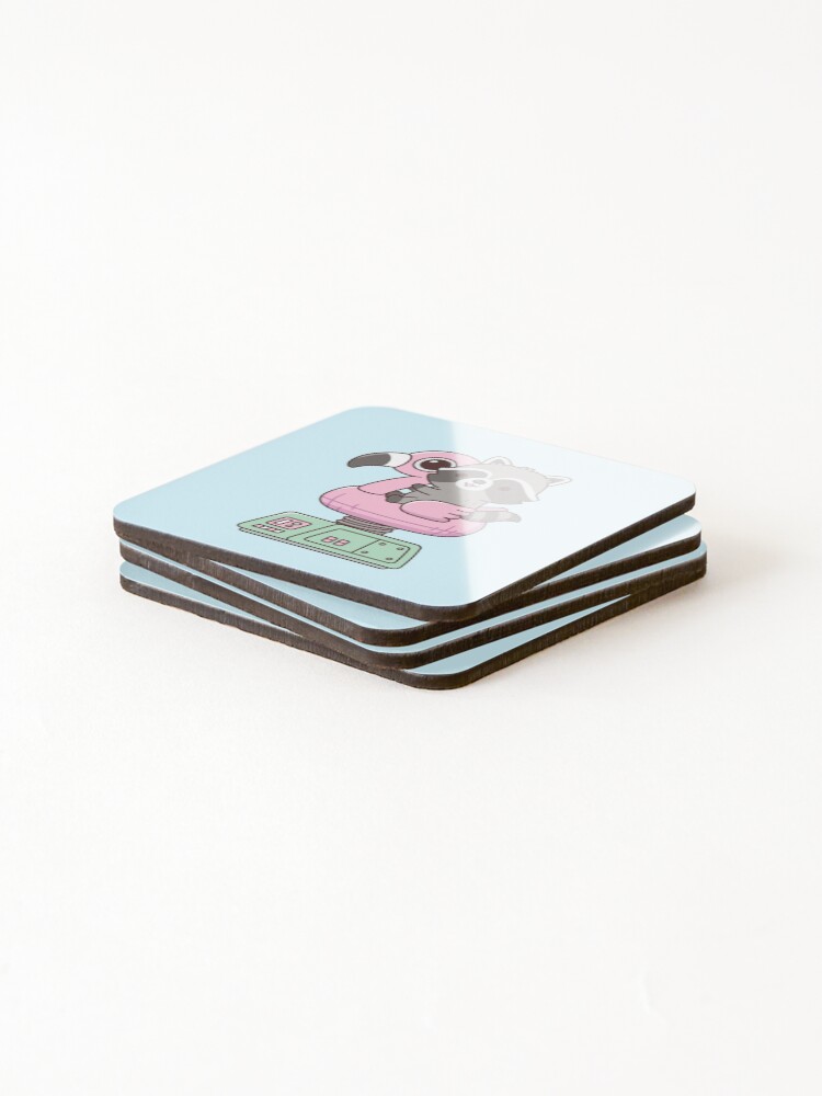 Thumbnail 4 of 5, Coasters (Set of 4), Cute Raccoon On Flamingo Pool Float Ride Machine designed and sold by rustydoodle.
