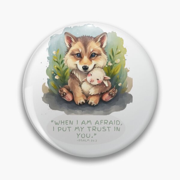 Item preview, "When I am afraid, I put my trust in you." Psalm 56:3 Baby Wolf & Baby Lamb Cuddling designed and sold by EveryGoodGift.