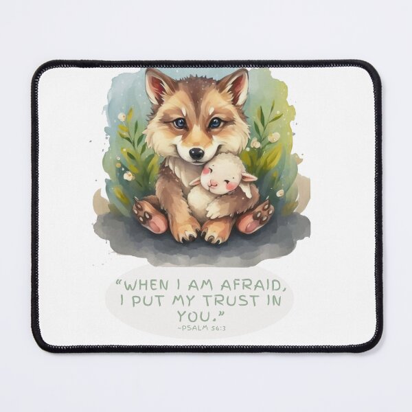 Item preview, "When I am afraid, I put my trust in you." Psalm 56:3 Baby Wolf & Baby Lamb Cuddling designed and sold by EveryGoodGift.