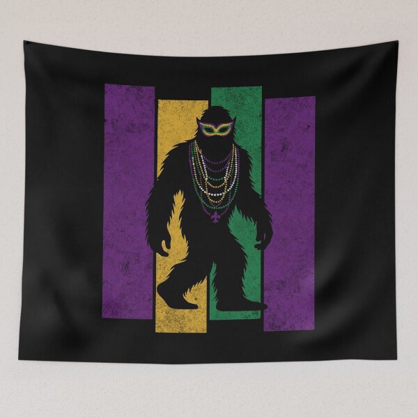 Item preview, Mardi Gras Bigfoot Sasquatch Funny Cryptid Creature with Fleur-de-Lis, Mask, and Beads designed and sold by lunaticbear.
