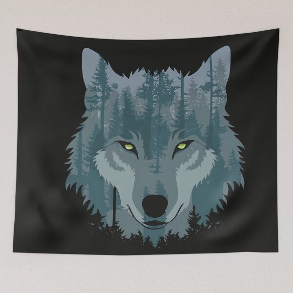 Item preview, Double exposure wolf pine forest in the middle center of a pitch black background designed and sold by MalakShams.