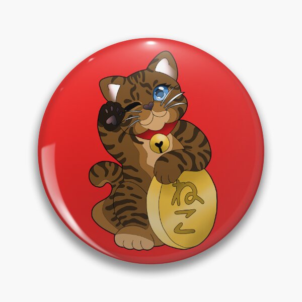Artikelvorschau, Braun getigertes Maneki Neko, blaue Augen, rotes Halsband entworfen und verkauft von Xyluxus.