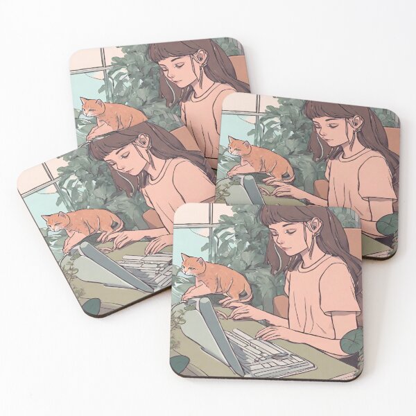 Item preview, lofi girl on her computer and her cat designed and sold by cherry by hs (coucou).