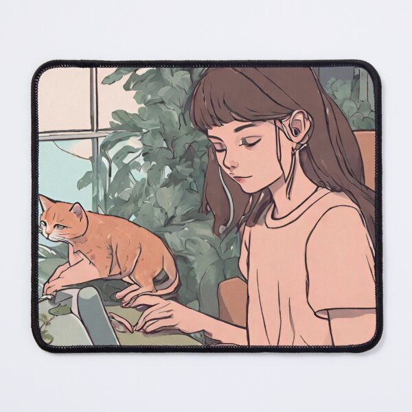Item preview, lofi girl on her computer and her cat designed and sold by cherry by hs (coucou).