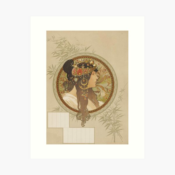 Aperçu de l'œuvre Têtes byzantines : Brunette, d'Alphonse Mucha. HAUTE DÉFINITION créée et vendue par MINDTHECHERRY.