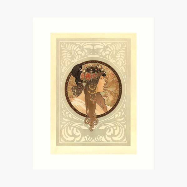 Aperçu de l'œuvre Têtes byzantines : Brunette, d'Alphonse Mucha. HAUTE DÉFINITION créée et vendue par MINDTHECHERRY.