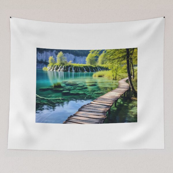 Item preview, A wooden bridge over a body of water with a waterfall designed and sold by johndesign88.