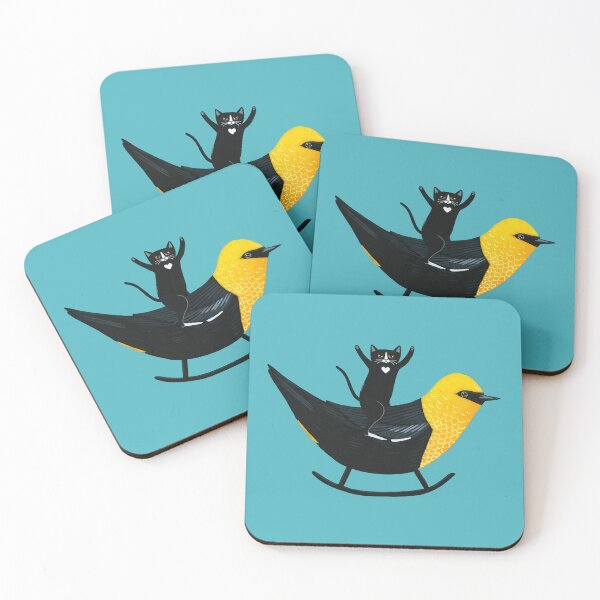Item preview, Tuxedo Cat on a Yellow Headed Blackbird designed and sold by KilkennyCat Art.